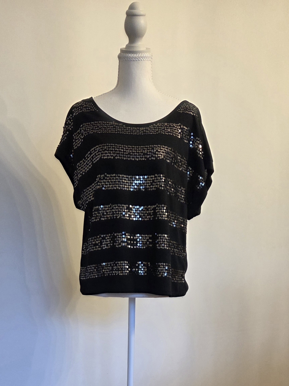 No Boundaries Black Sequin Striped Short Sleeve Top